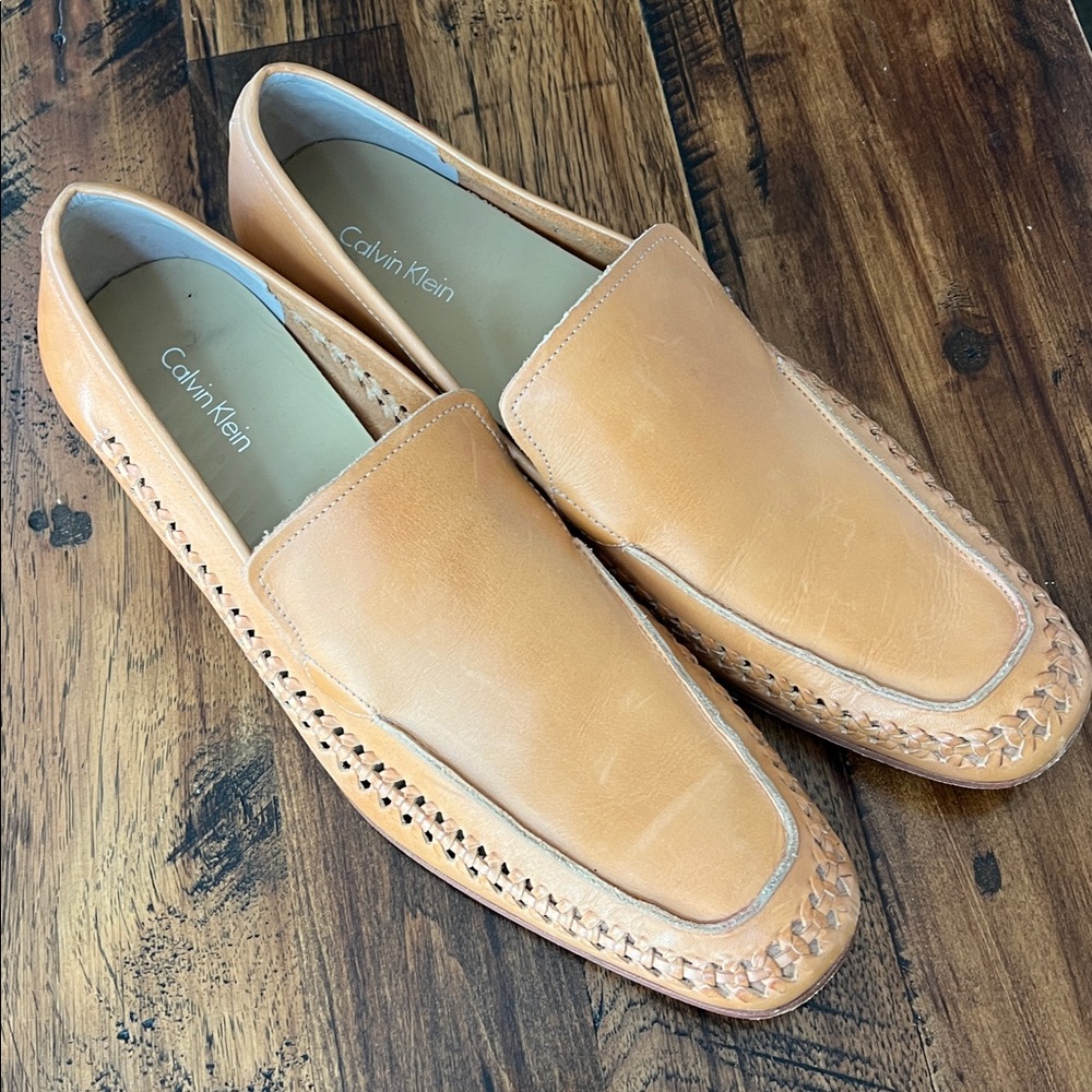 Calvin Klein Men’s 12 Tan Leather Loafers Weaved Beachy